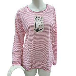 HUE Long Sleeve Pink Horizontal Striped Cat Lover's Shirt Size Large
